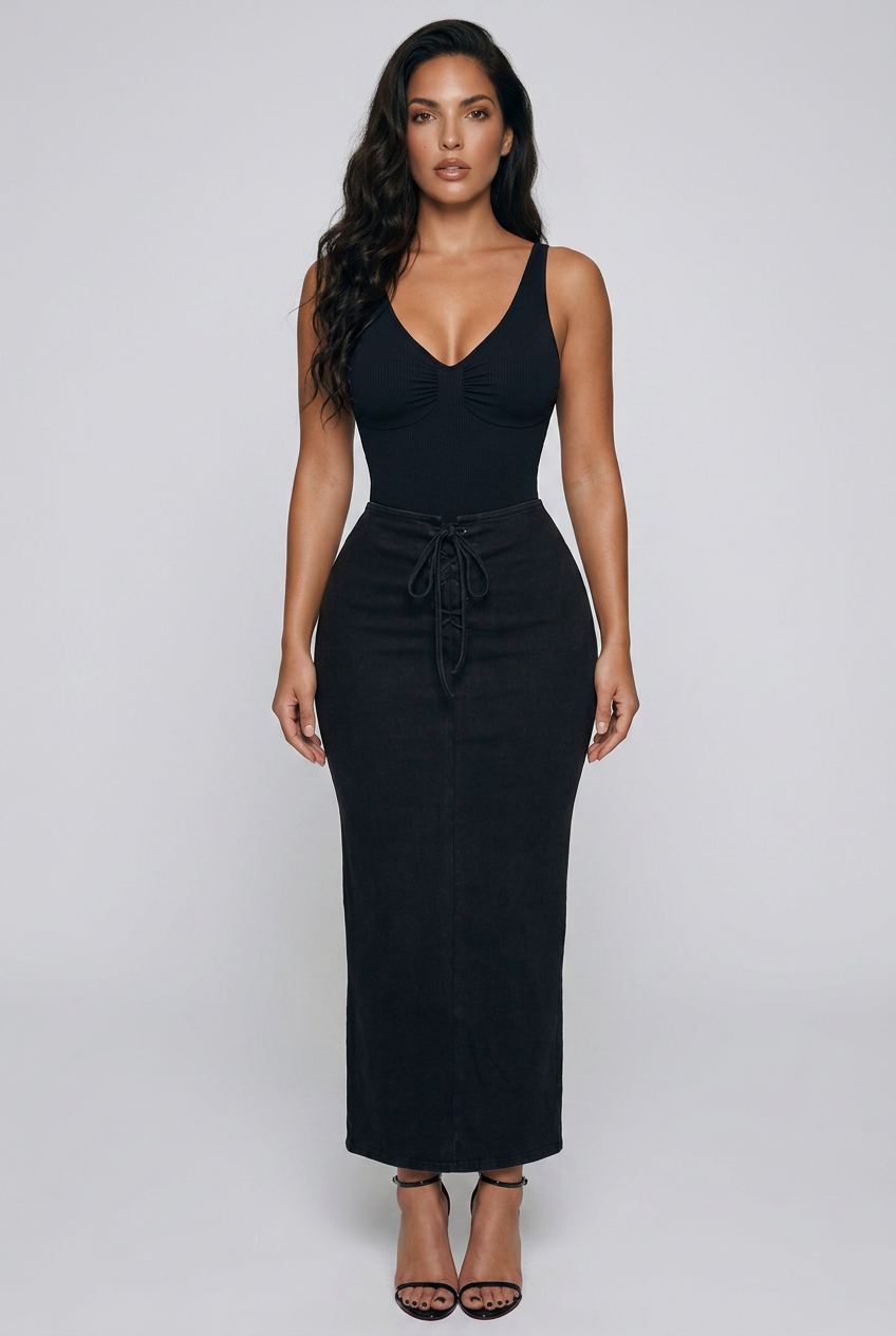 Dyed Washed Drawstring Maxi Skirt