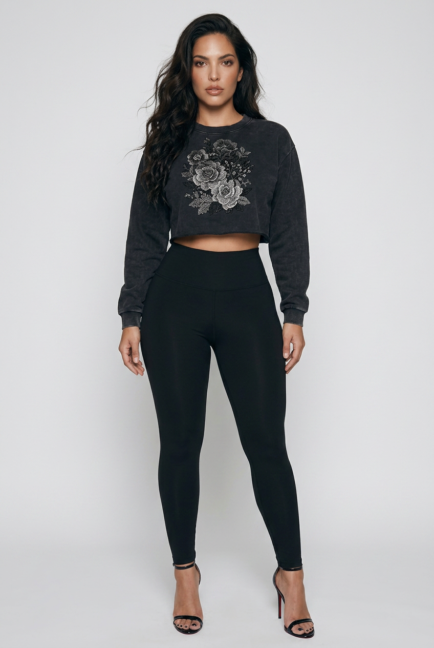 Bosse Rose Snow Washed Raw Edge Cropped Sweatshirt