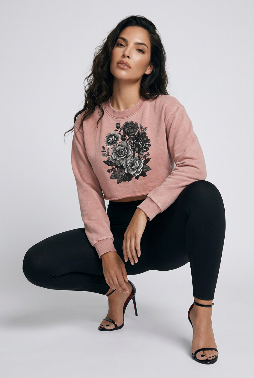 Bosse Rose Snow Washed Raw Edge Cropped Sweatshirt