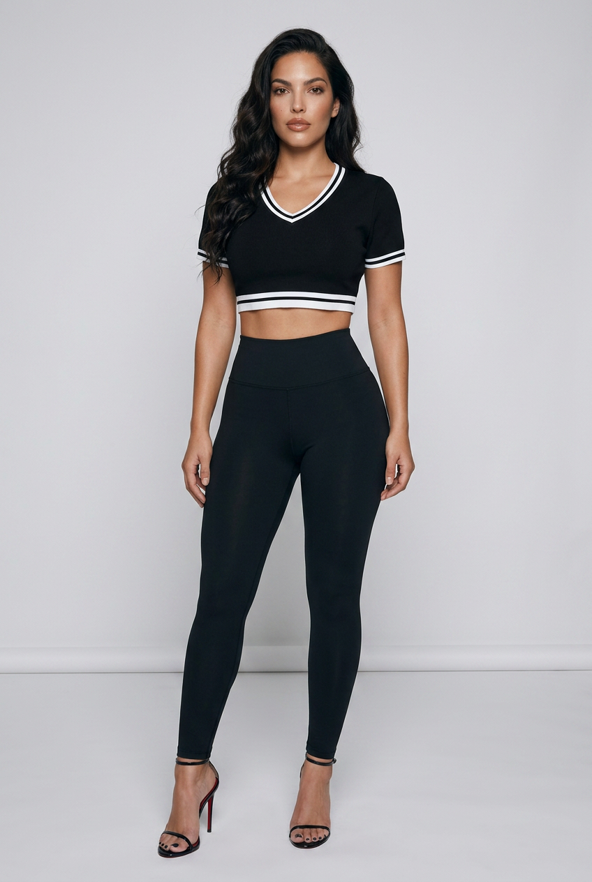 Bosse Color Block V-Neck Crop T-Shirt (Black)