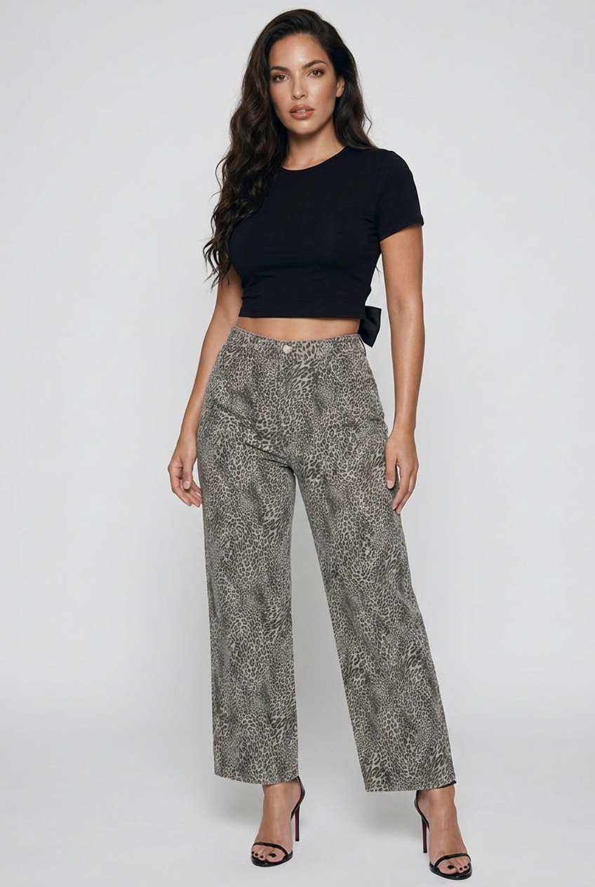 Bosse Signature Vintage Wash Leopard Wide Leg Jeans