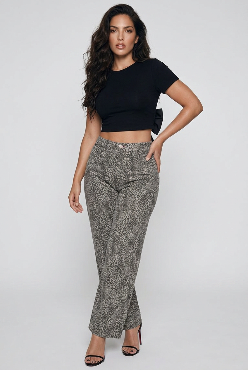 Bosse Signature Vintage Wash Leopard Wide Leg Jeans