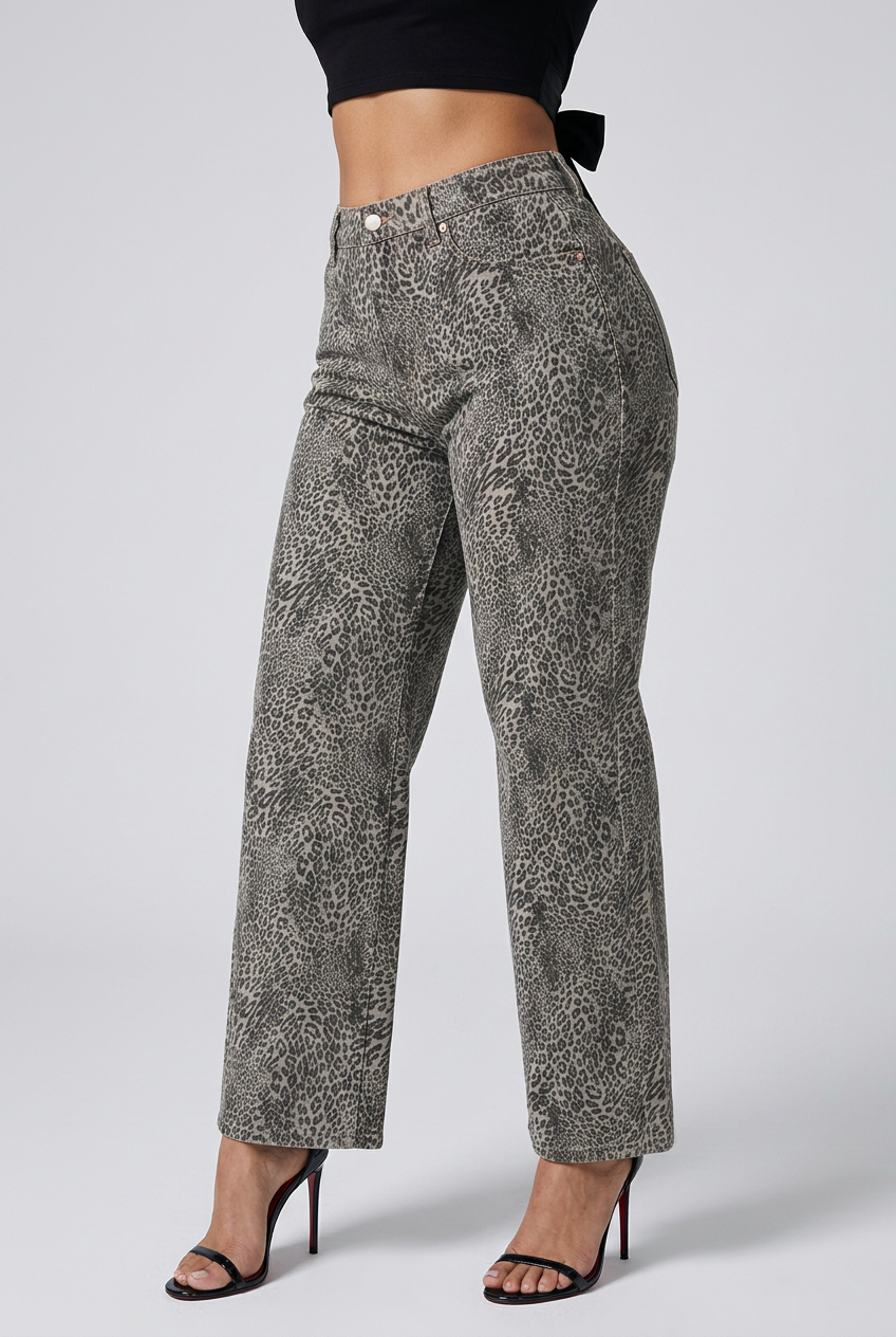 Bosse Signature Vintage Wash Leopard Wide Leg Jeans
