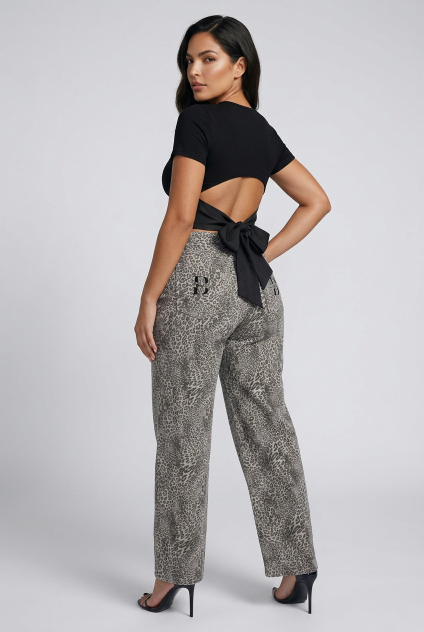 Bosse Signature Vintage Wash Leopard Wide Leg Jeans