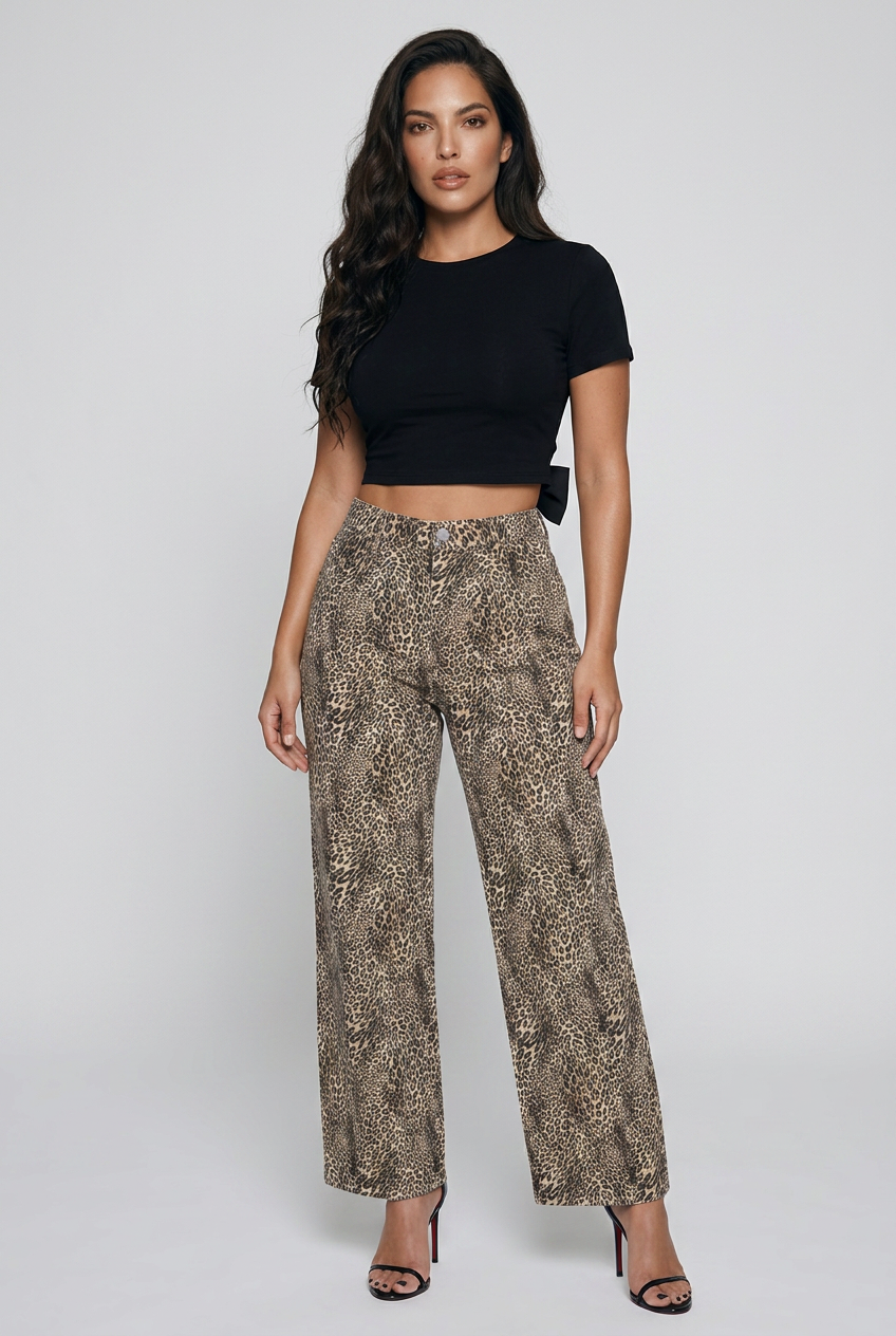 Bosse Signature Vintage Wash Leopard Wide Leg Jeans