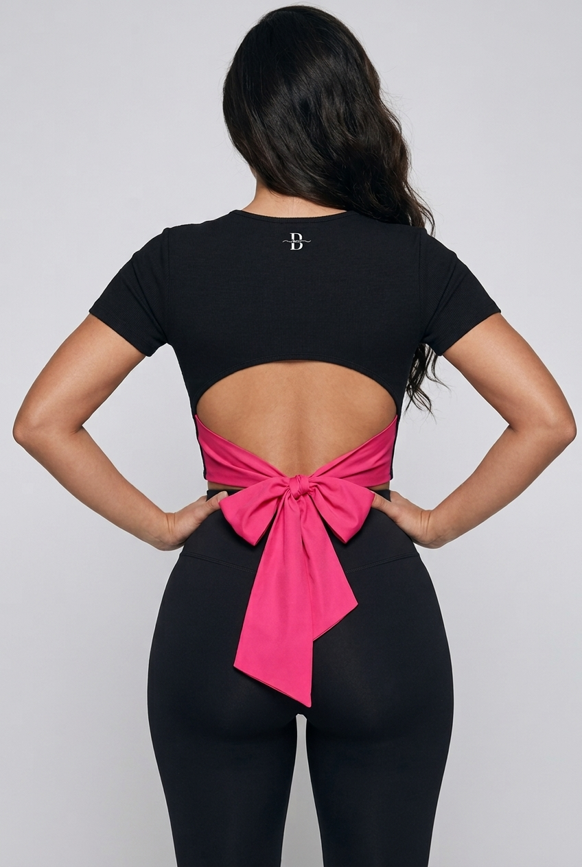 Bosse Black and Pink Bow Slim Fit Boatneck T-Shirt
