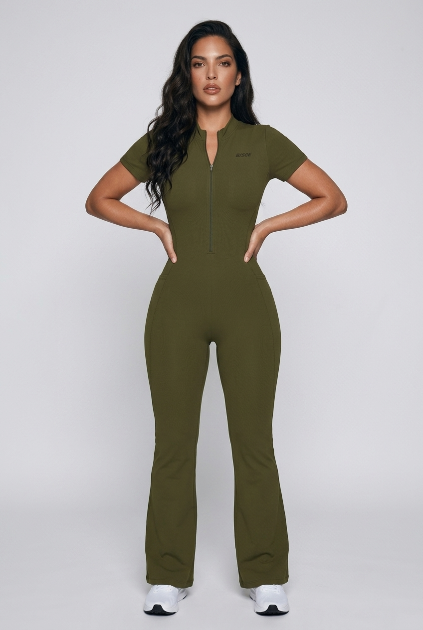 Bosse Signature Rose Tight Flared Leg Quarter-Zip Jumpsuit