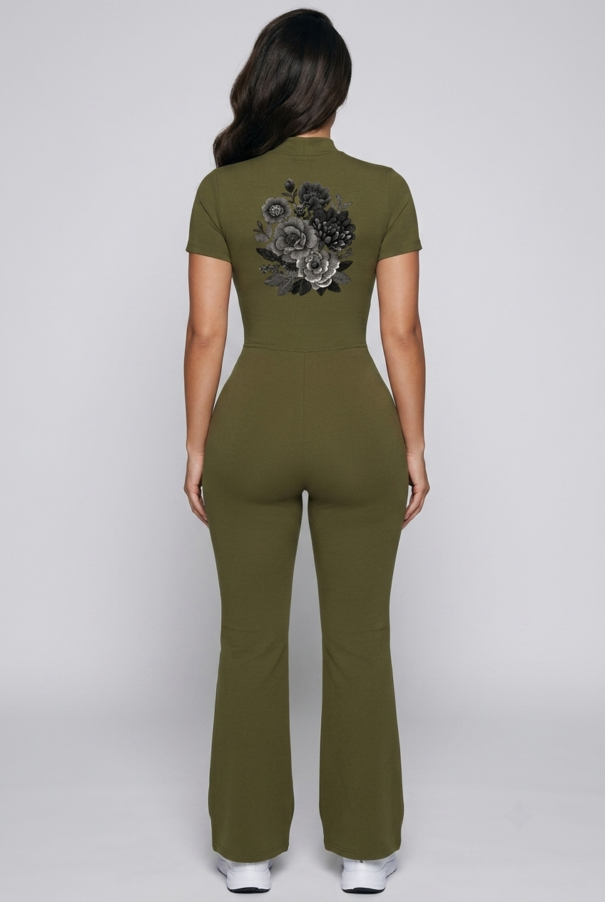 Bosse Signature Rose Tight Flared Leg Quarter-Zip Jumpsuit
