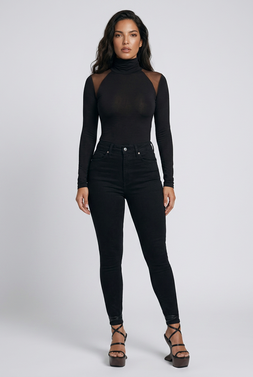 Mesh Shoulder Turtleneck Bodysuit
