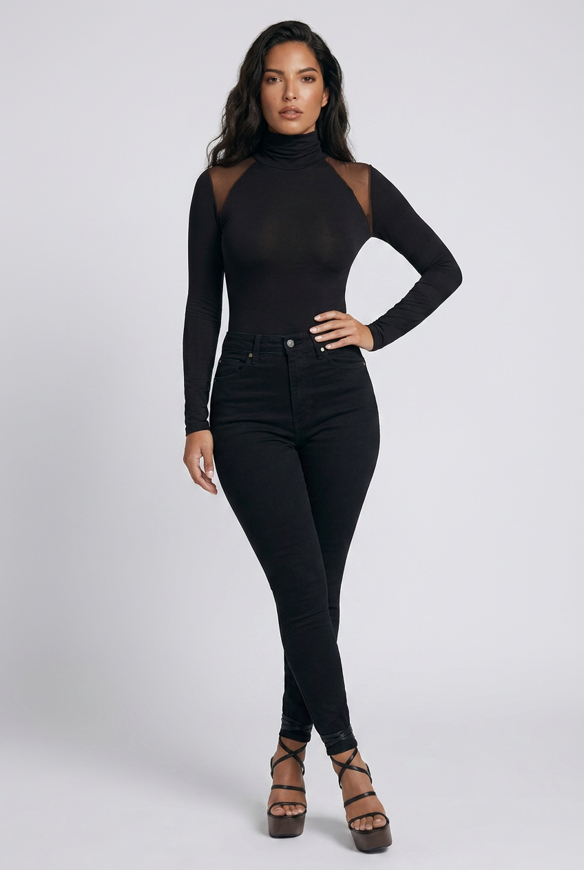 Mesh Shoulder Turtleneck Bodysuit