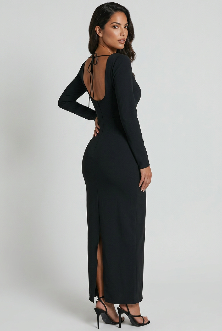 Contrast Trim Long Sleeve Bodycon Maxi Dress