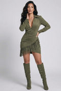 Full Size Suede Fringe Long Sleeve Dress Plus Size