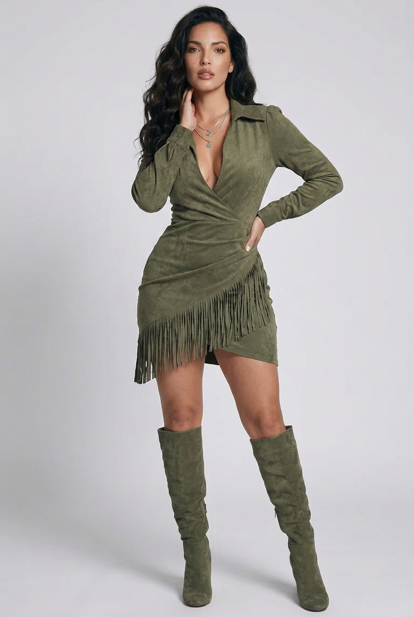 Full Size Suede Fringe Long Sleeve Dress Plus Size