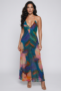Abstract Print Halter Neck Maxi Cami Dress