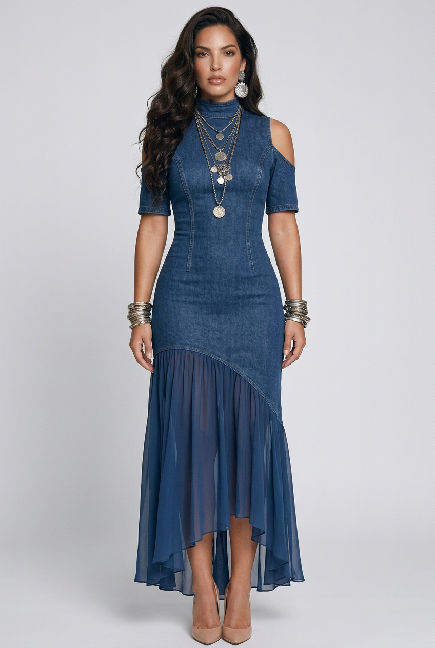 Mock Neck Cold Shoulder Ruffle Hem Maxi Dress