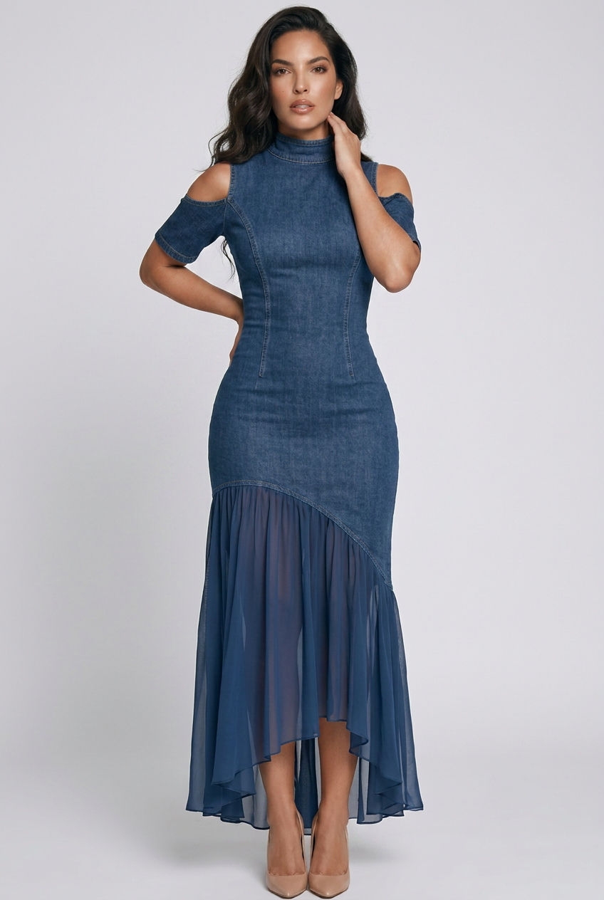Mock Neck Cold Shoulder Ruffle Hem Maxi Dress
