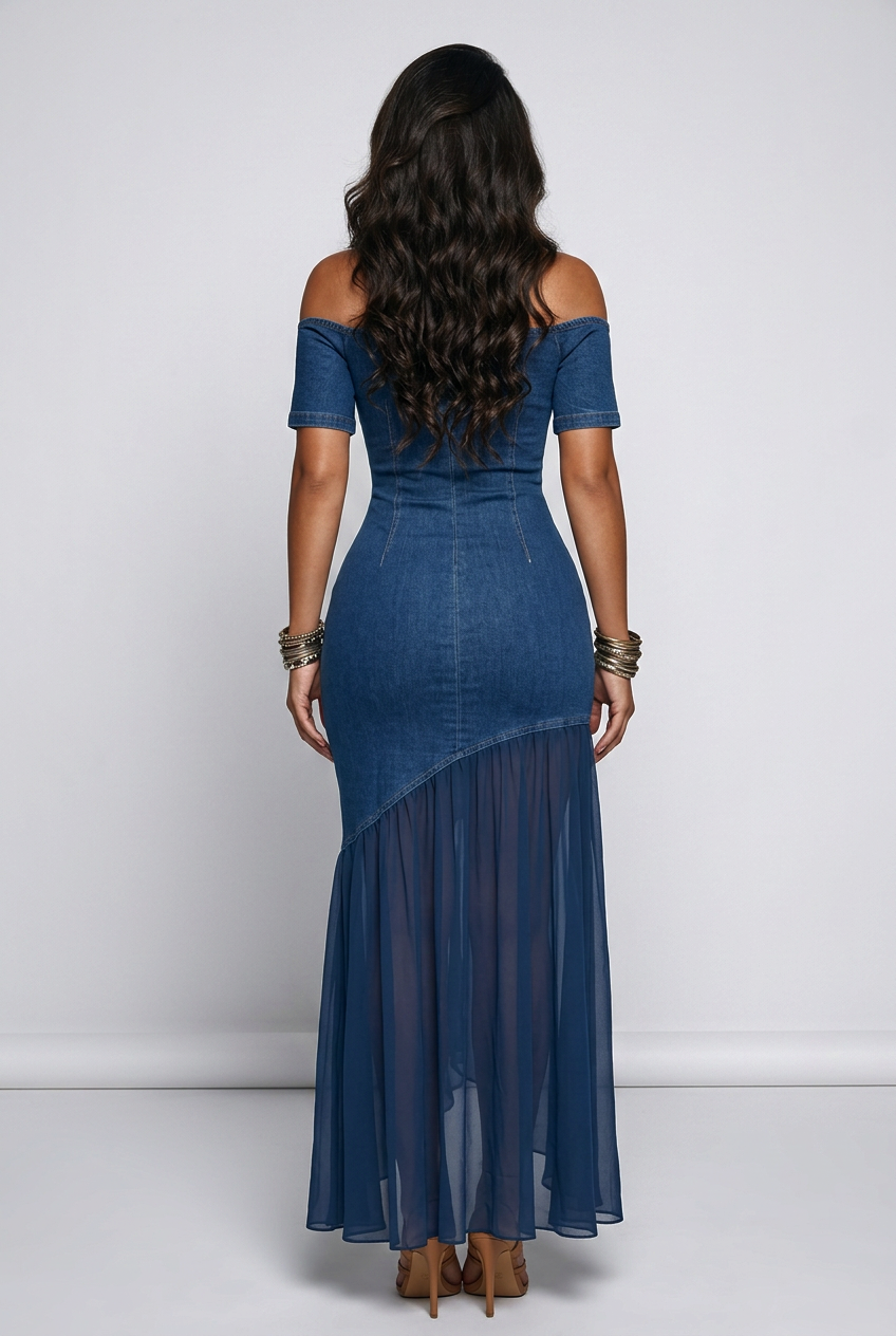 Mock Neck Cold Shoulder Ruffle Hem Maxi Dress