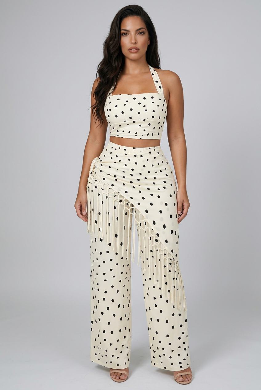 Polka Dot Halter Neck Cami and Fringe Trim Pants Set