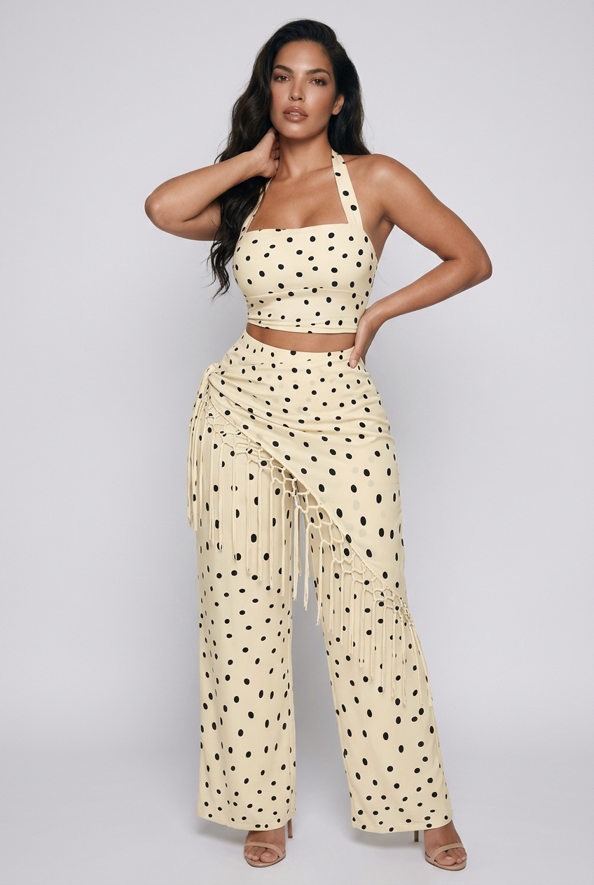 Polka Dot Halter Neck Cami and Fringe Trim Pants Set