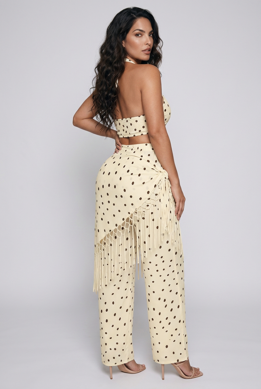 Polka Dot Halter Neck Cami and Fringe Trim Pants Set