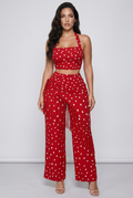 Polka Dot Halter Neck Cami and Fringe Trim Pants Set