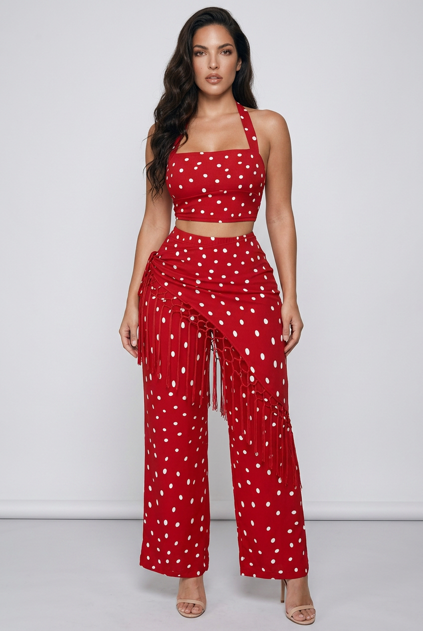 Polka Dot Halter Neck Cami and Fringe Trim Pants Set