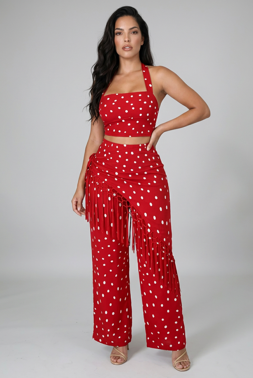 Polka Dot Halter Neck Cami and Fringe Trim Pants Set