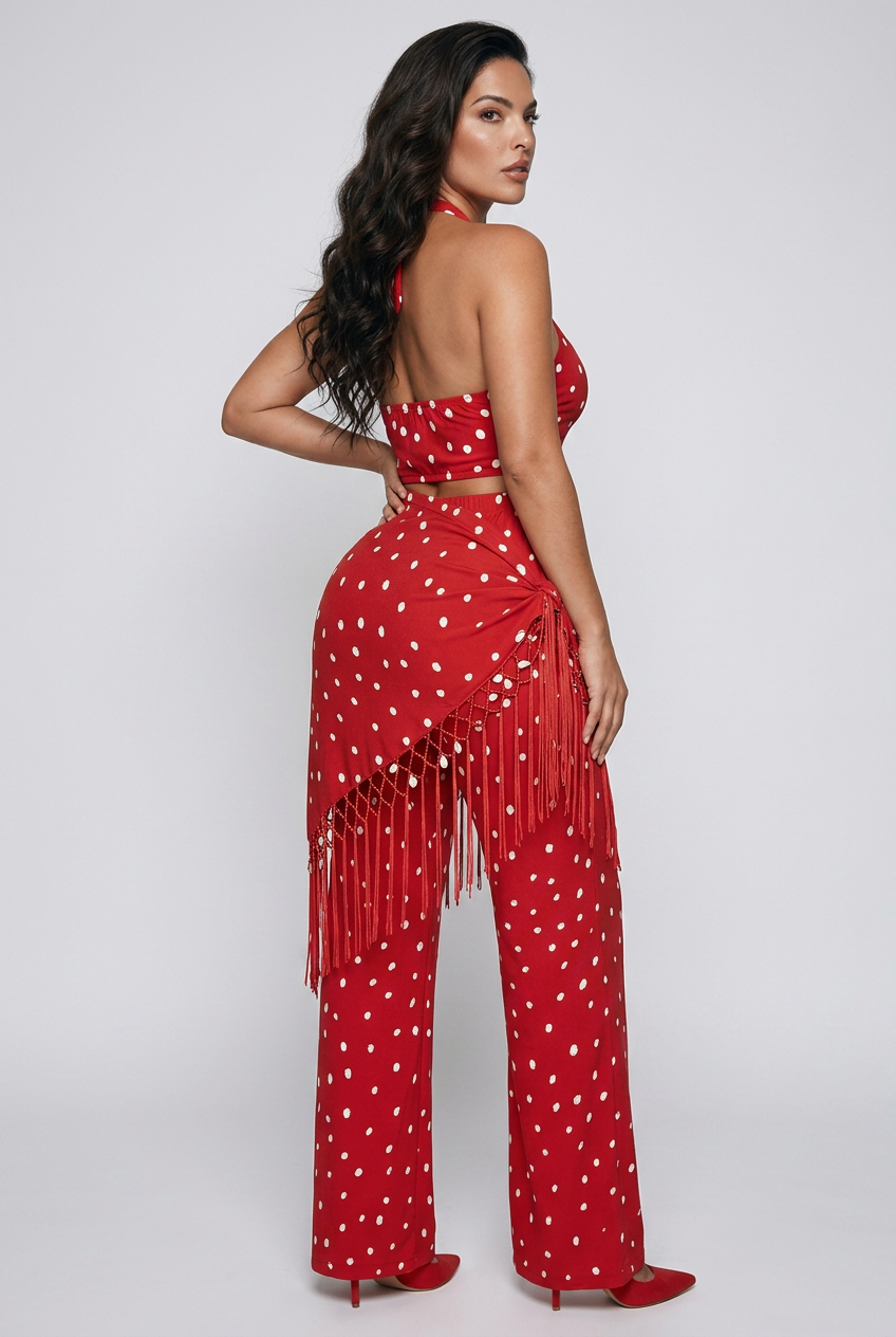 Polka Dot Halter Neck Cami and Fringe Trim Pants Set
