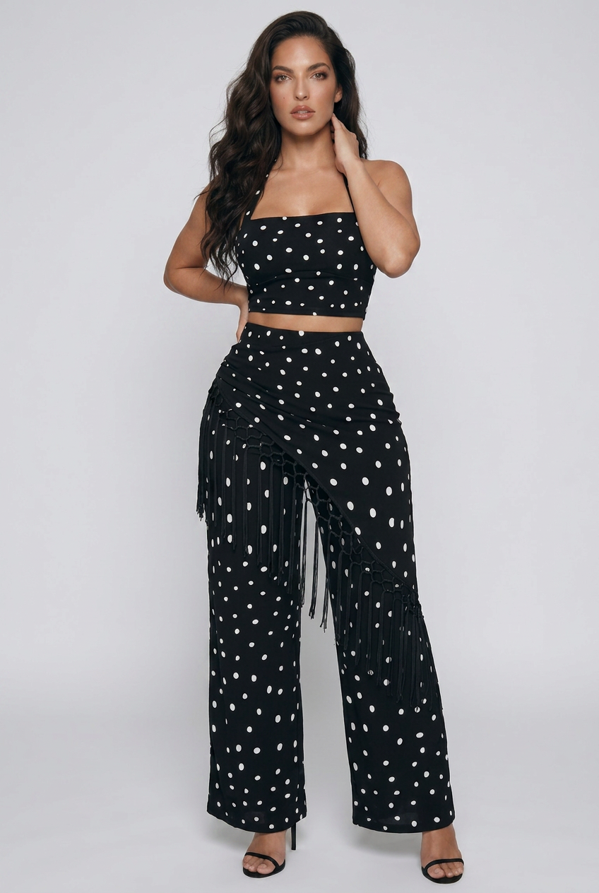 Polka Dot Halter Neck Cami and Fringe Trim Pants Set