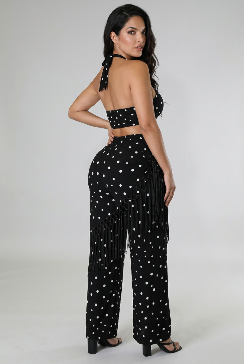 Polka Dot Halter Neck Cami and Fringe Trim Pants Set