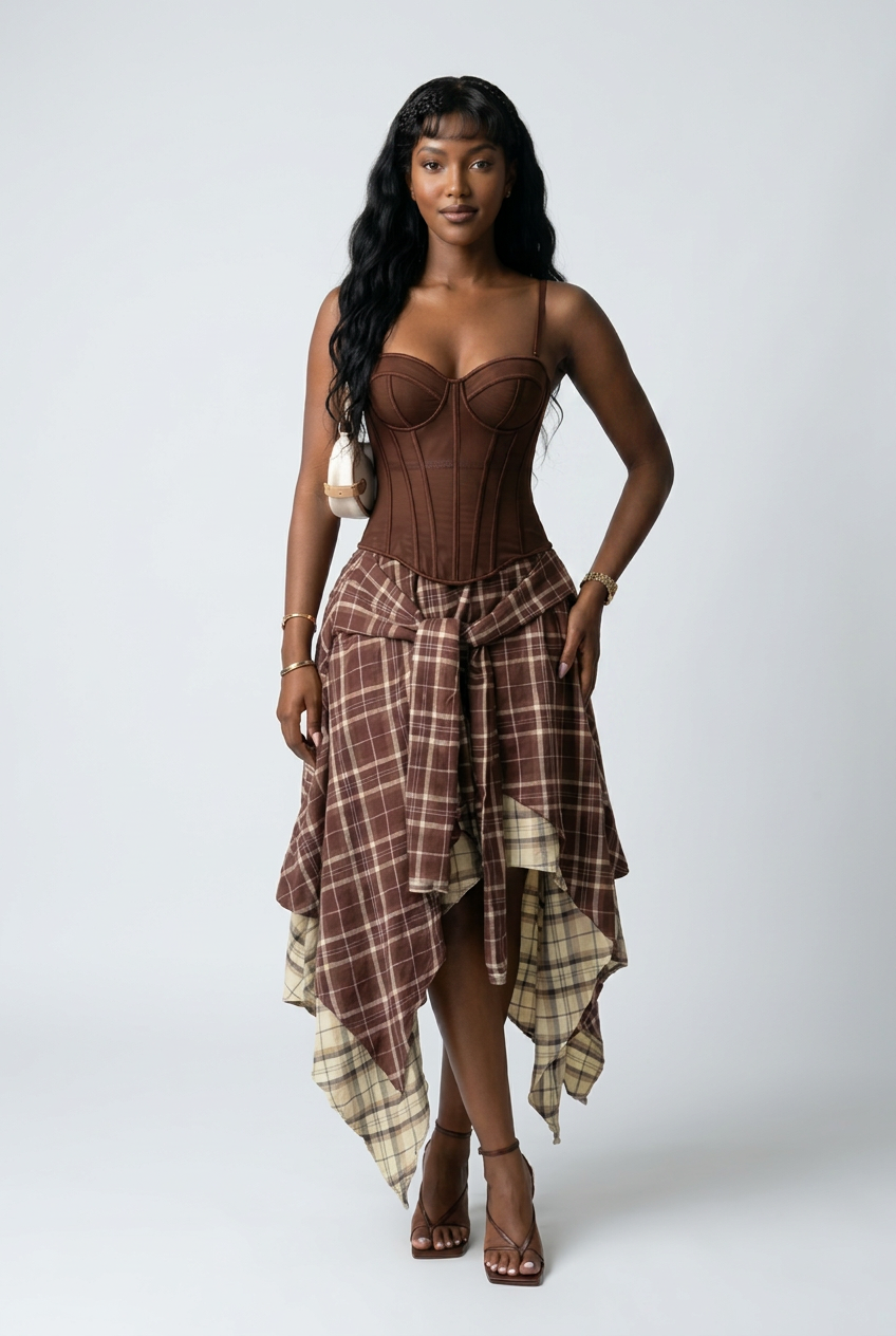Sweetheart Neck Cami and Asymmetrical Plaid Skirt Set
