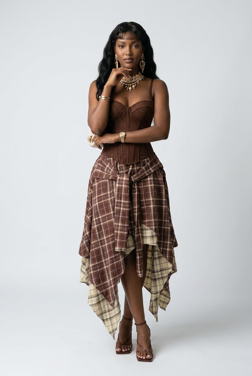 Sweetheart Neck Cami and Asymmetrical Plaid Skirt Set