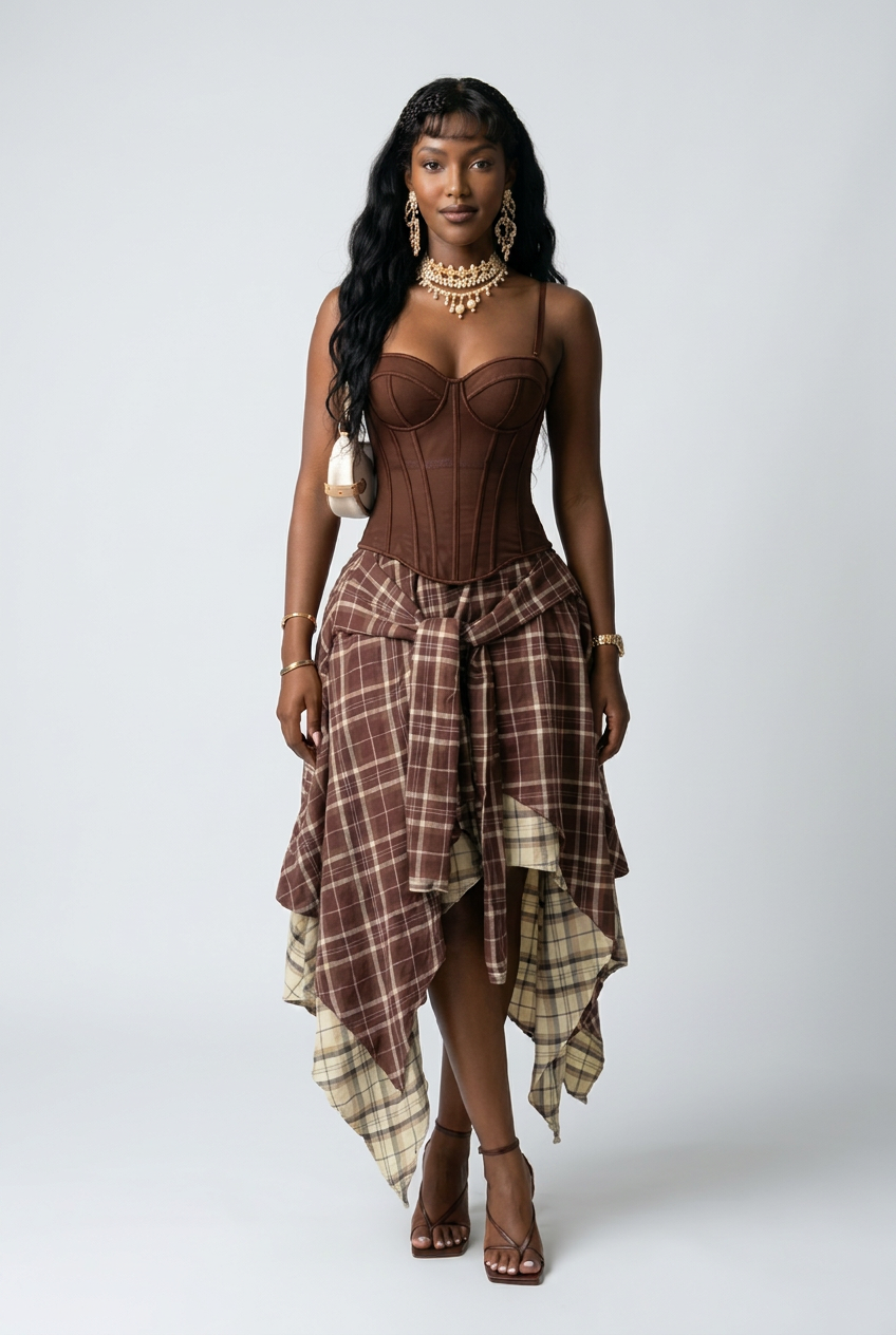 Sweetheart Neck Cami and Asymmetrical Plaid Skirt Set