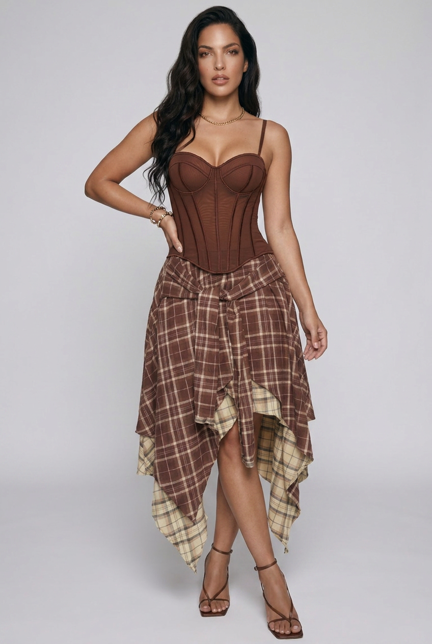 Sweetheart Neck Cami and Asymmetrical Plaid Skirt Set