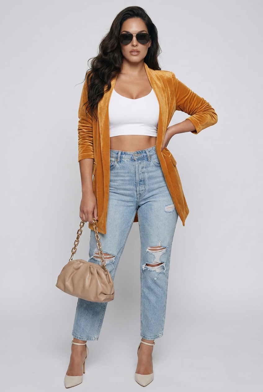 Bria Button Up Long Sleeve Velour Blazer