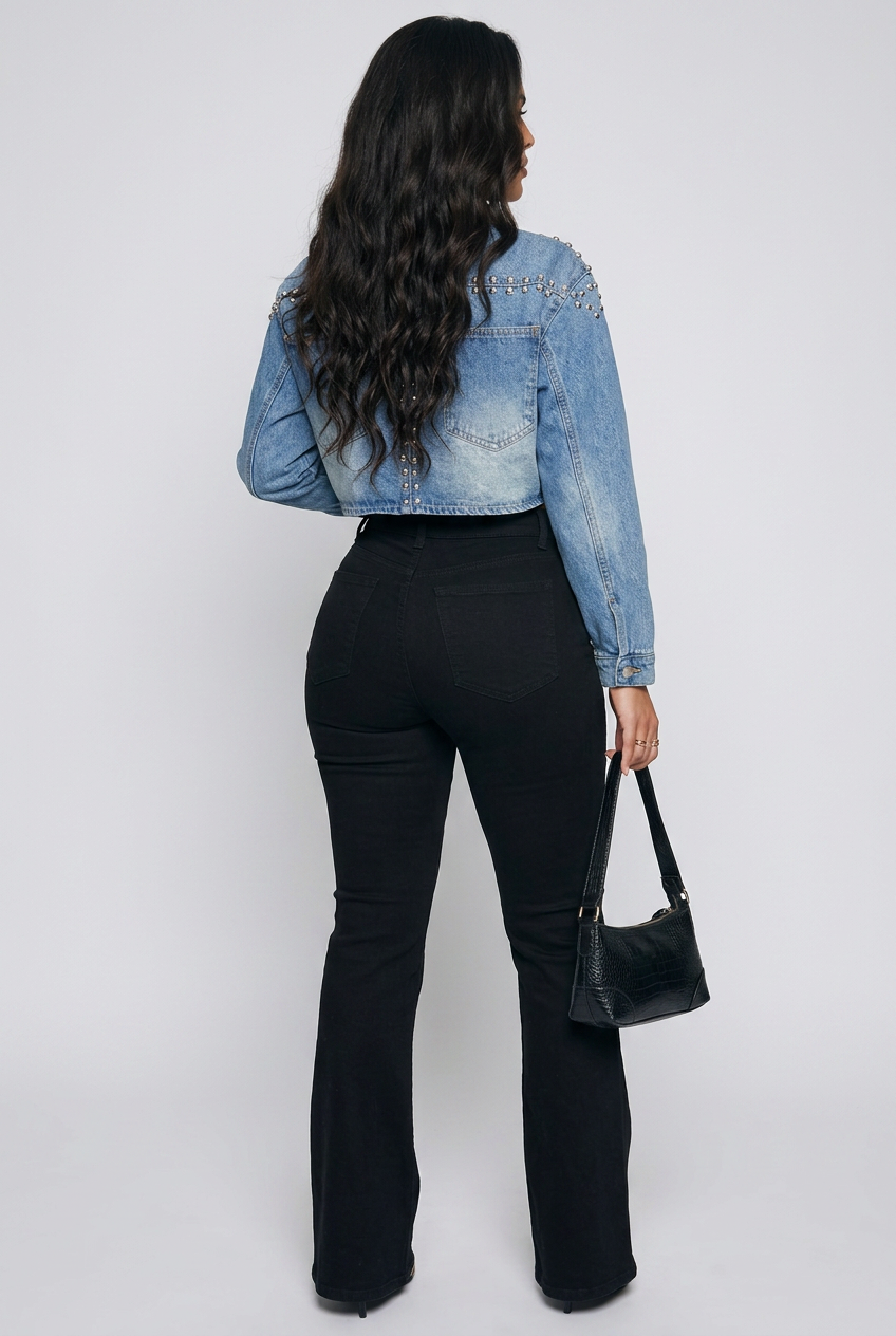Studded One Button Cropped Denim Top