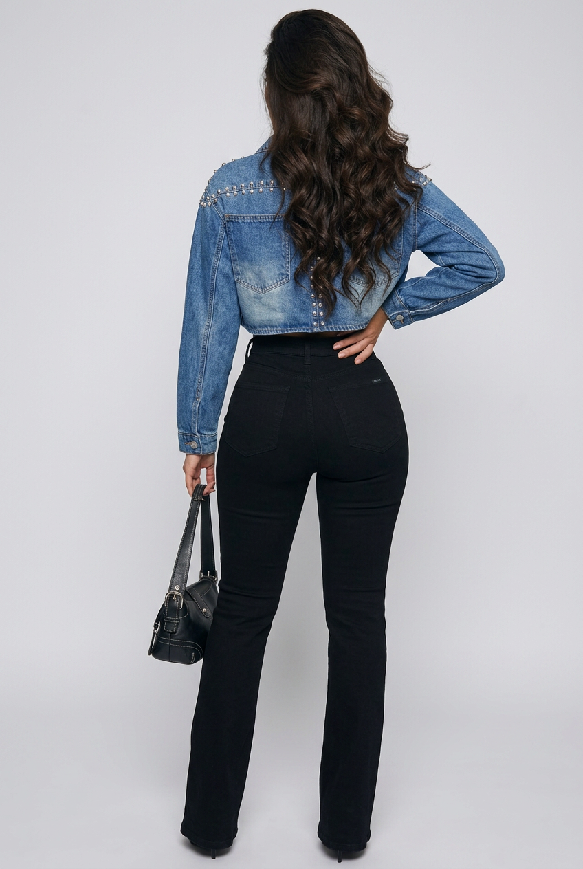 Studded One Button Cropped Denim Top