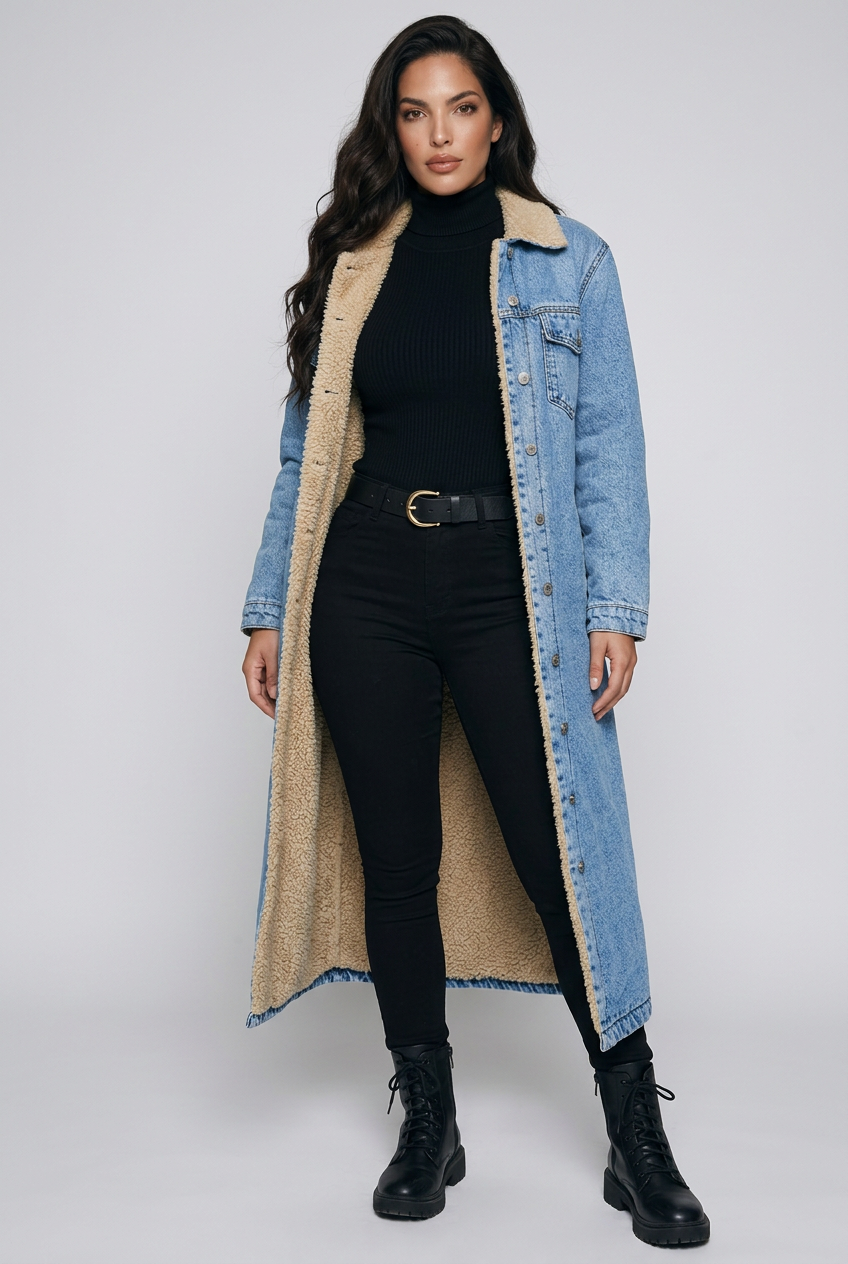 Sherpa Lined Longline Denim Jacket