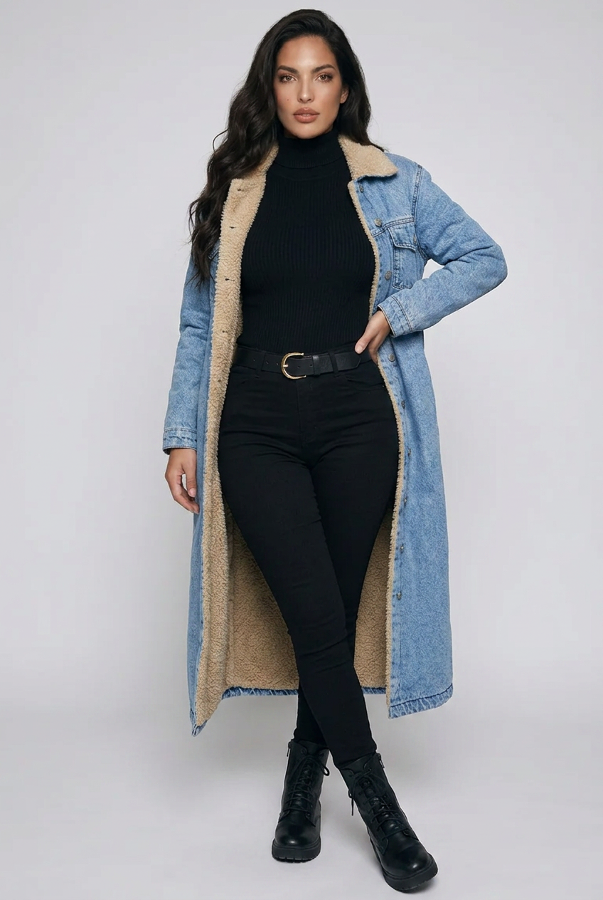 Sherpa Lined Longline Denim Jacket