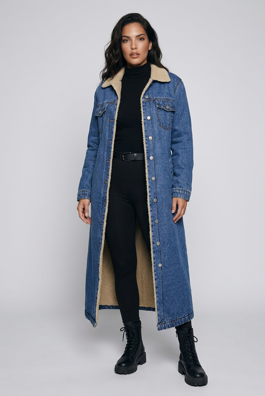 Sherpa Lined Longline Denim Jacket