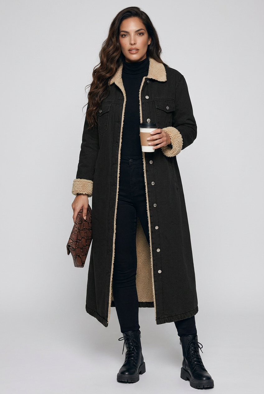 Sherpa Lined Longline Denim Jacket