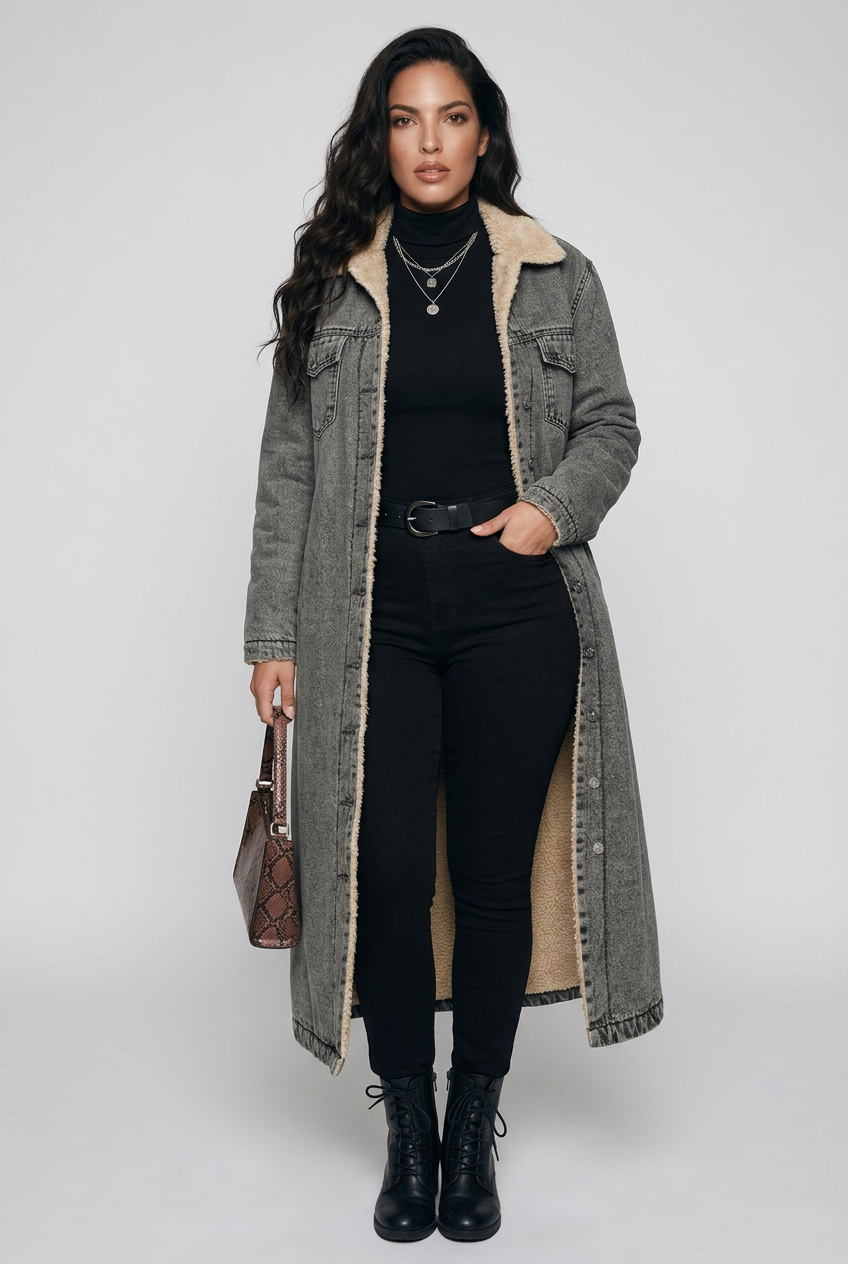 Sherpa Lined Longline Denim Jacket