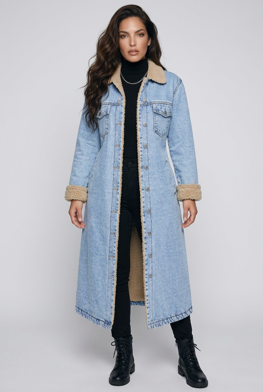 Sherpa Lined Longline Denim Jacket