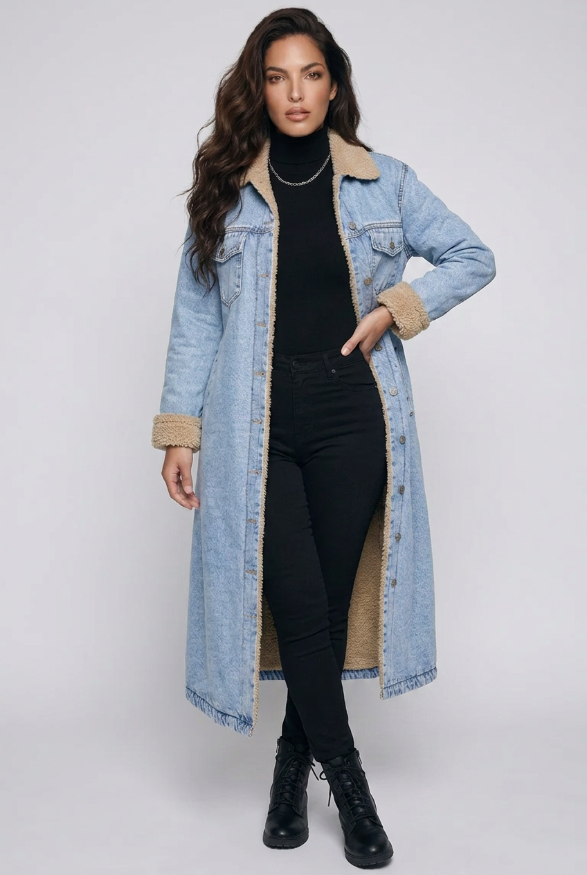 Sherpa Lined Longline Denim Jacket
