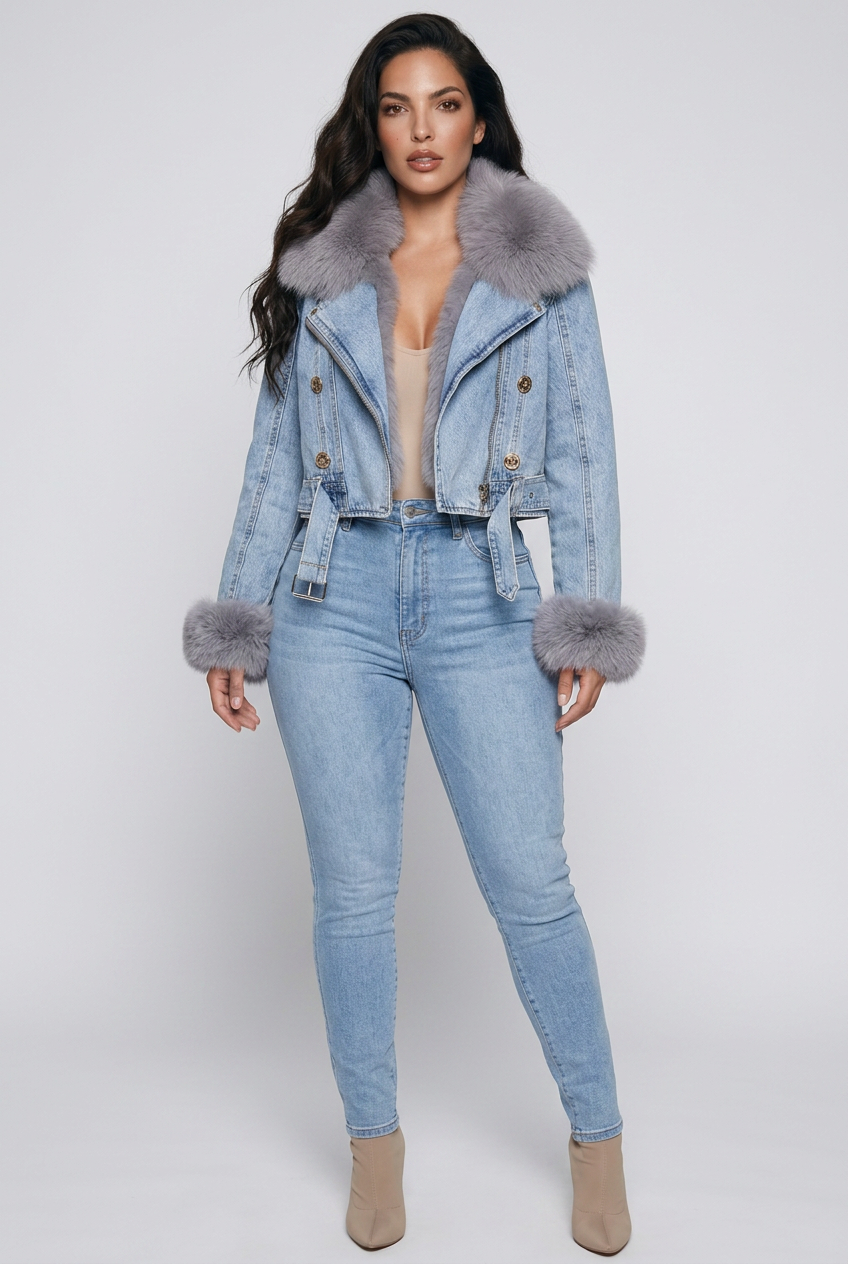 Full Size Faux Fur Collar Denim Jacket Plus Size