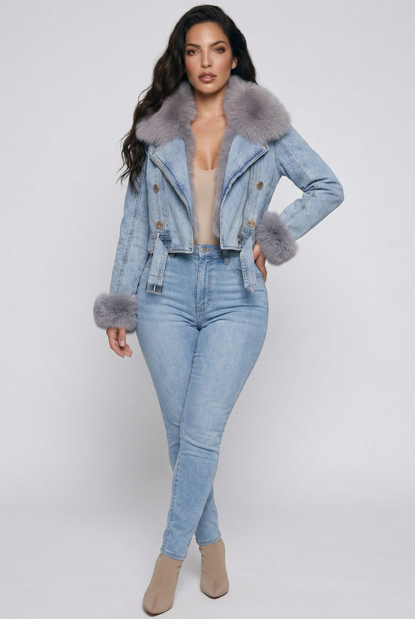 Full Size Faux Fur Collar Denim Jacket Plus Size
