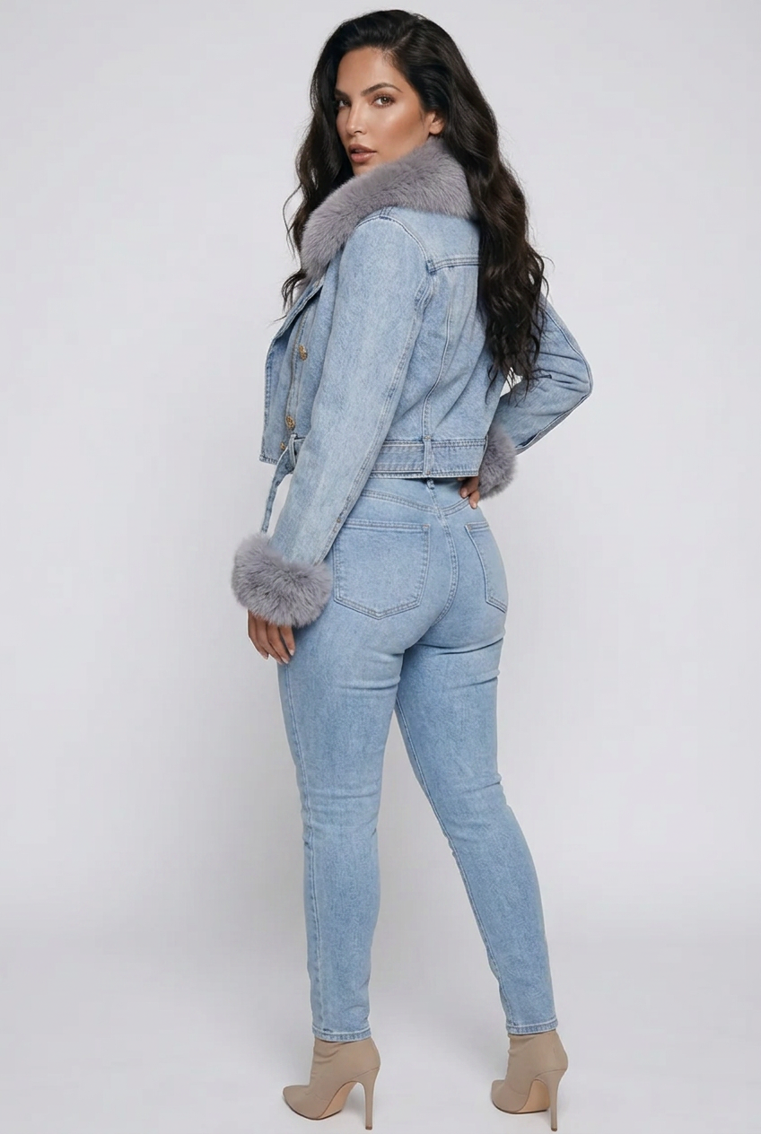 Full Size Faux Fur Collar Denim Jacket Plus Size