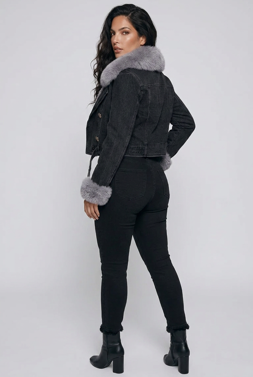 Full Size Faux Fur Collar Denim Jacket Plus Size