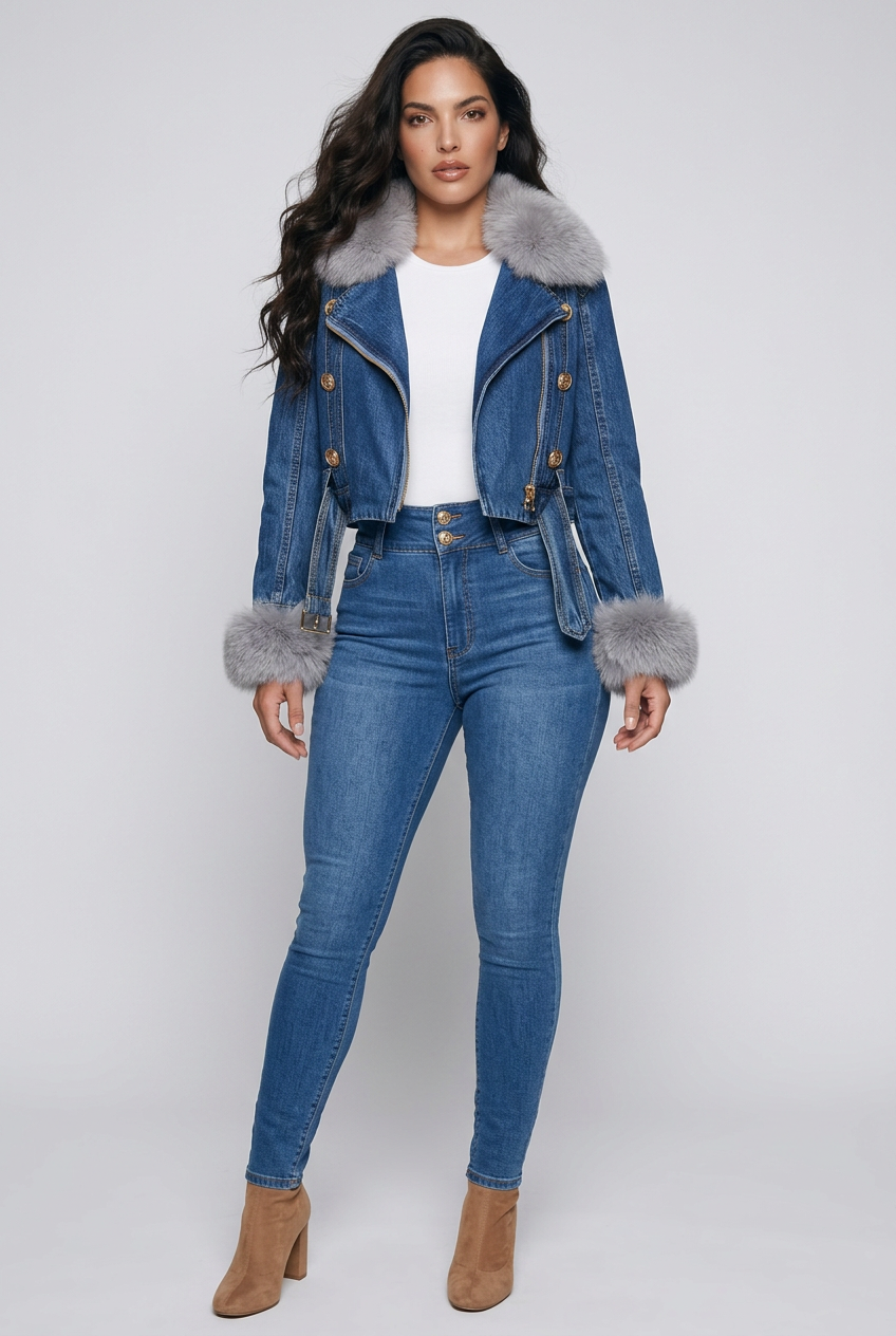 Full Size Faux Fur Collar Denim Jacket Plus Size