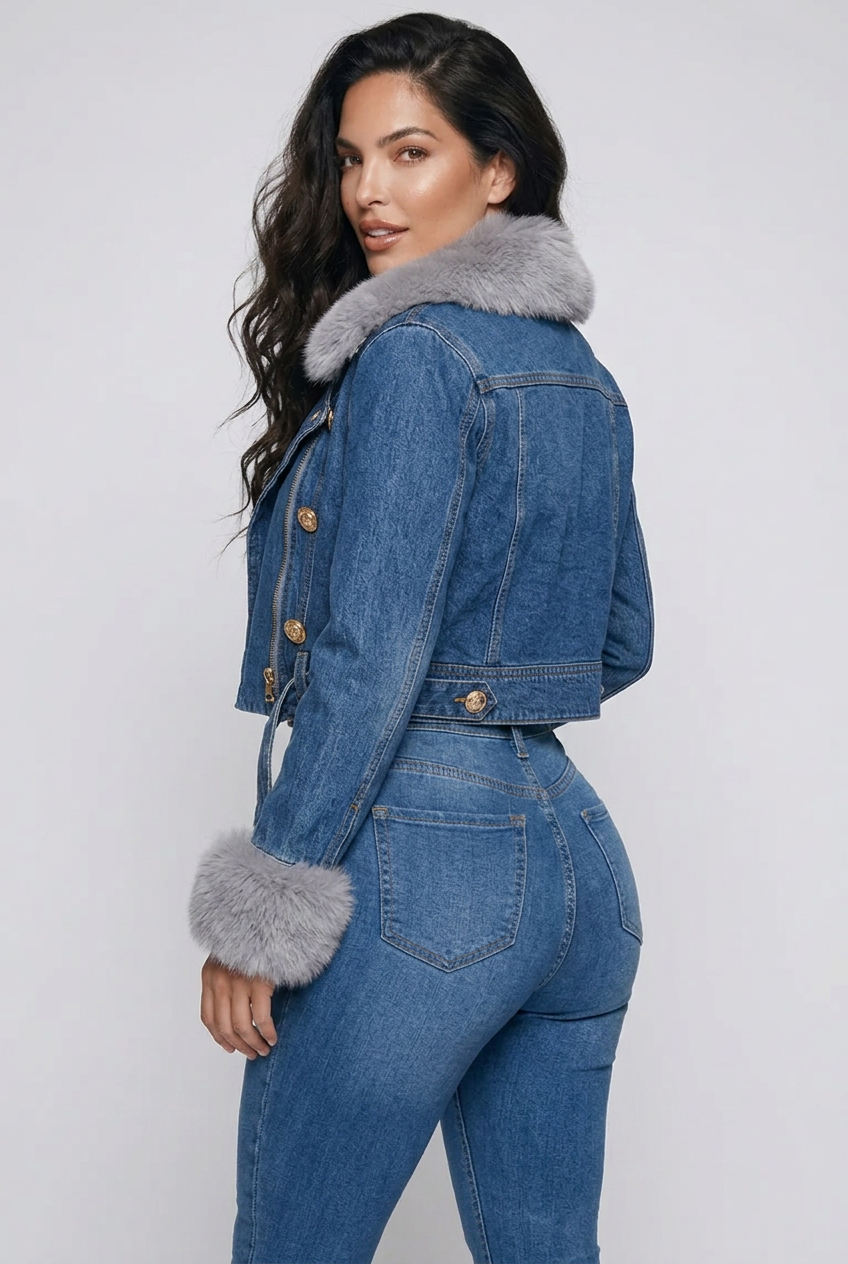 Full Size Faux Fur Collar Denim Jacket Plus Size